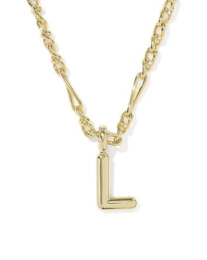 The Bubble Letter Necklace by Kendra Scott features a gold chain with a bubble letter "L" pendant. Available in multiple sizes.
