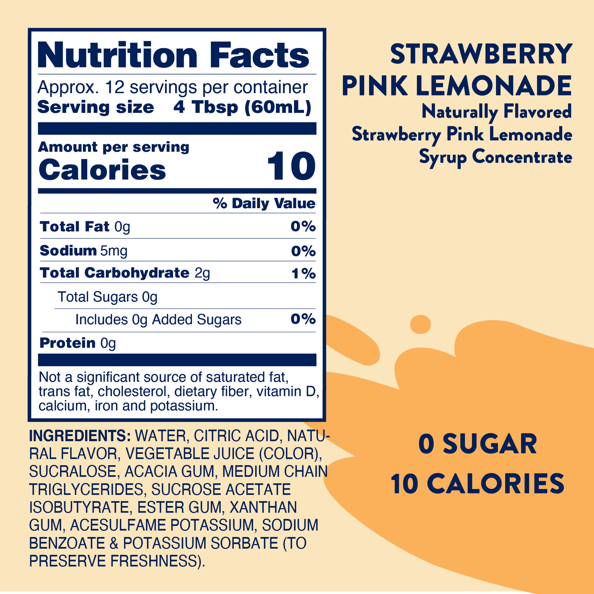 Strawberry Pink Lemonade Syrup Concentrate, sugar free, 10 cal per 4 Tbsp. Sizes: listed. Ingredients and nutrition info shown.