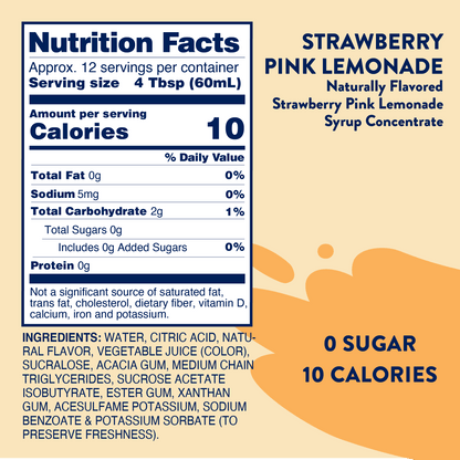 Strawberry Pink Lemonade Syrup Concentrate, sugar free, 10 cal per 4 Tbsp. Sizes: listed. Ingredients and nutrition info shown.