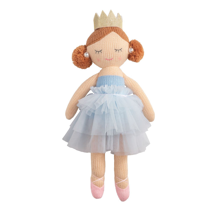 Princess Knit Doll with gold crown, brown hair in buns, pearl earrings, blue tulle dress, and pink ballet shoes. Sizes available: 12″ and 18″.
