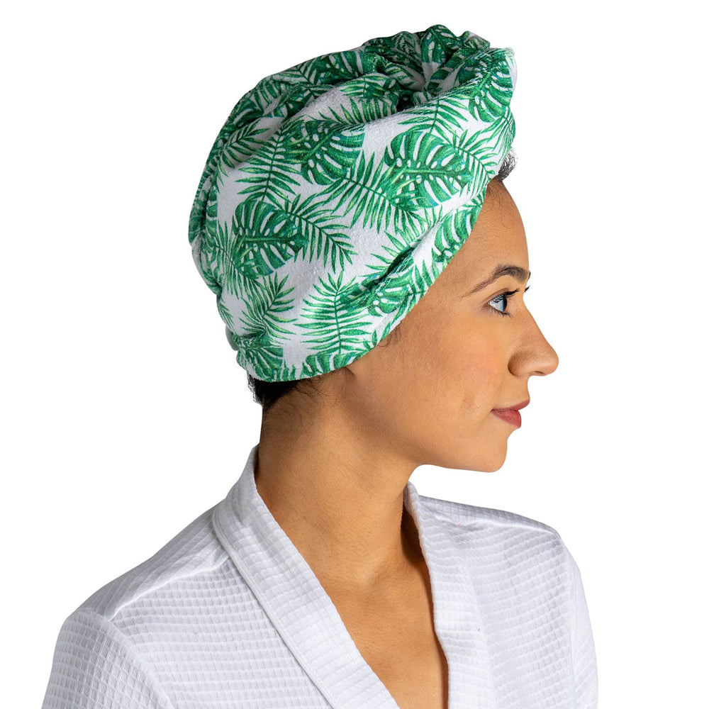 Lemon Lavender Plot Twist Turbo Towel in green and white leafy print, microfiber, available in one size.