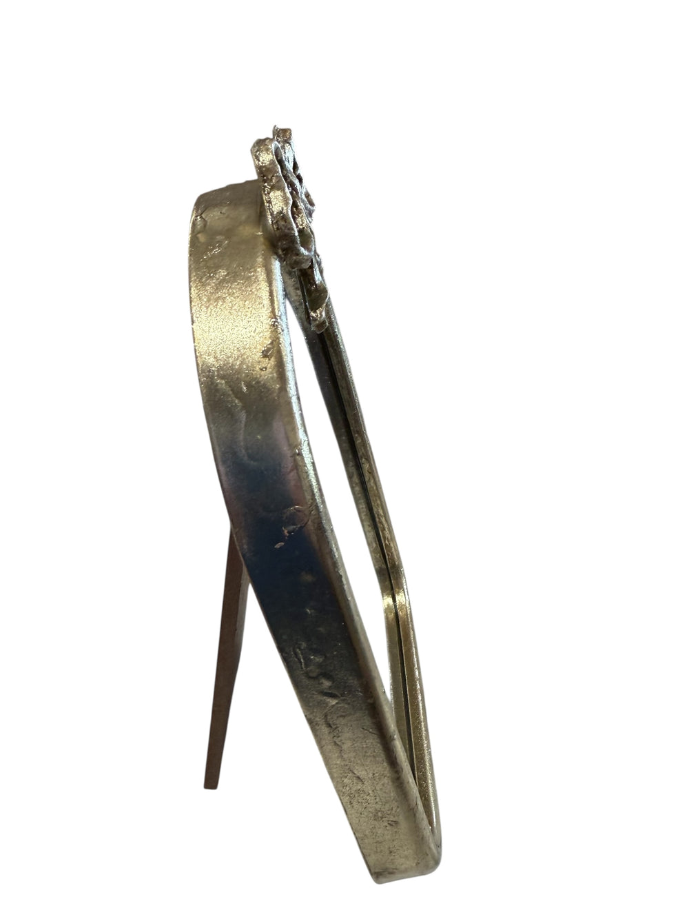 Gold Bow Metal Table Mirror with metallic frame, ornate bow top, built-in stand; available in small and large sizes.