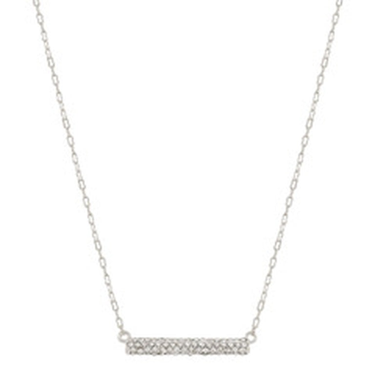 Thin silver chain with horizontal bar pendant, sparkling stones; adjustable length. Available sizes: S, M, L.