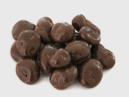 Glossy, unevenly shaped Chocolate Amaretto Cherries, 3.5oz size, coated in a smooth, shiny layer of chocolate.