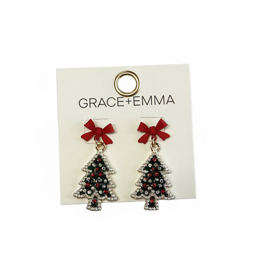 Christmas tree earrings with red bows, green and red rhinestones, and gold-toned edges.