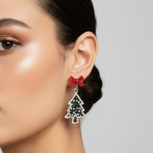 Christmas Tree Bow Earrings with red bows and crystal-accented tree charms.