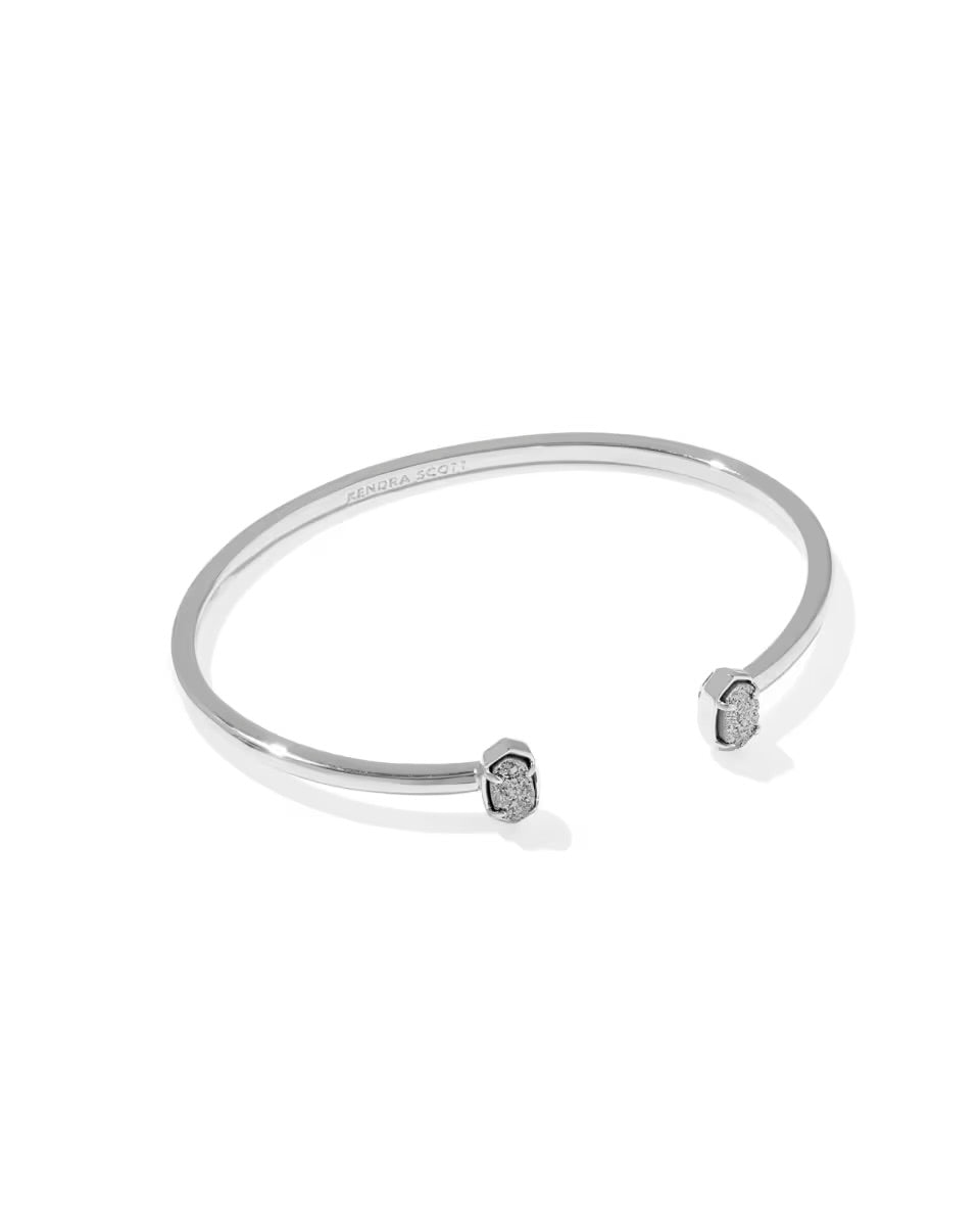 Minimalist silver open cuff with drusy hexagonal ends. Available in S/M and M/L sizes. Emilie Cuff Bracelet by Kendra Scott.