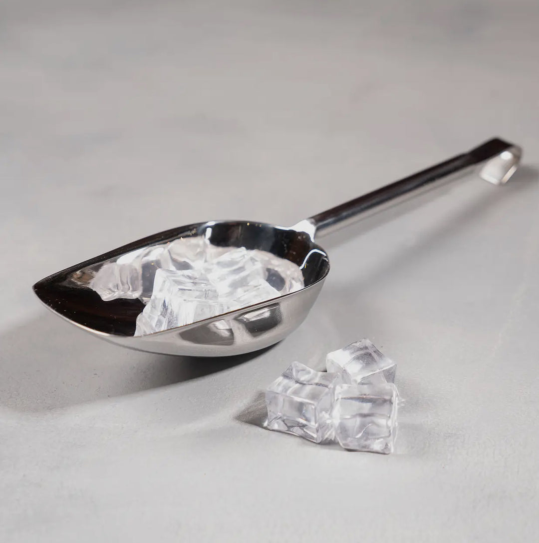 Stainless steel curved scoop with hook handle, available in multiple sizes.