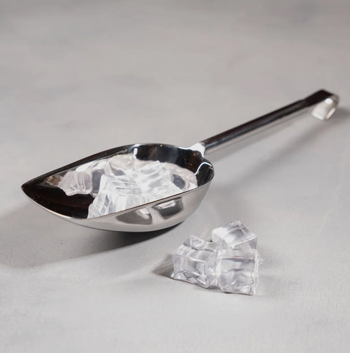 Stainless steel curved scoop with hook handle, available in multiple sizes.