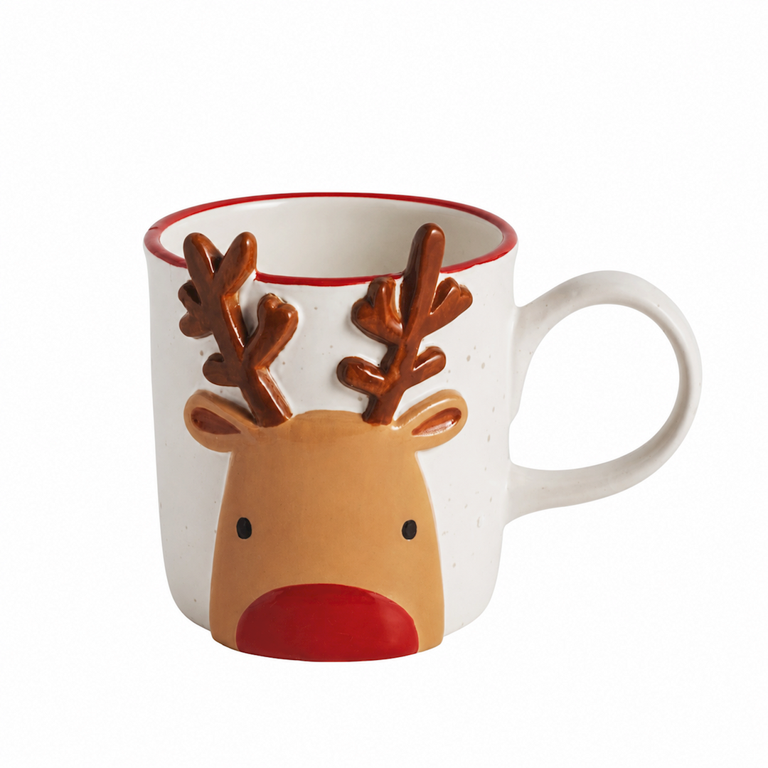 White Holiday Stoneware Mug with red rim, featuring a hand-painted raised reindeer face and antlers.