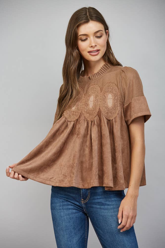 Teal blue faux suede top with sheer mesh upper, lace appliqué, high neckline, and short sleeves. Available in all sizes.