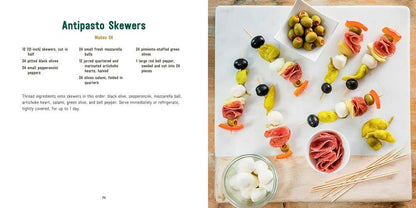 Recipe page from "Small Bites" cookbook; available in standard print size. Shows ingredients, instructions, and antipasto skewers.