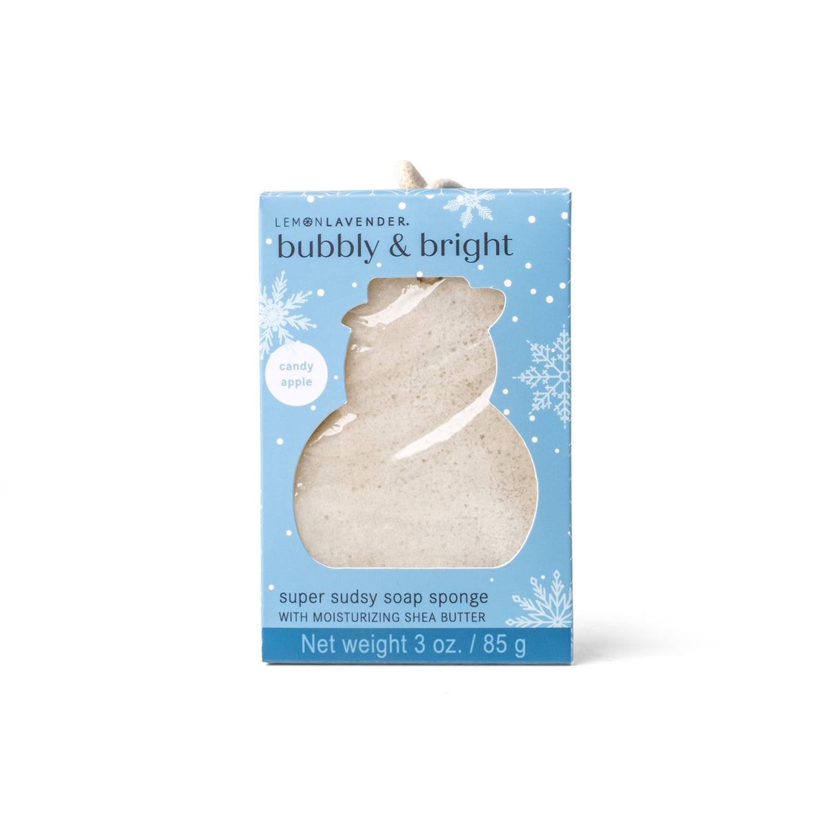 Snowman-shaped Lemon Lavender Bubbly and Bright Super Sudsy Soap Sponge in a blue snowflake box, infused with shea butter and candy apple scent, available in 3 oz/85g.
