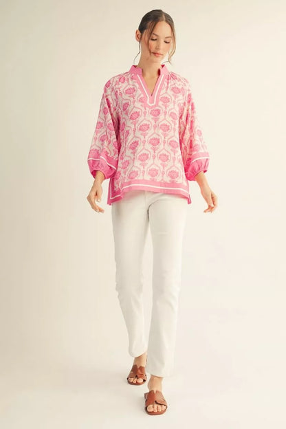 Pink Puff Sleeve Boho Print Top