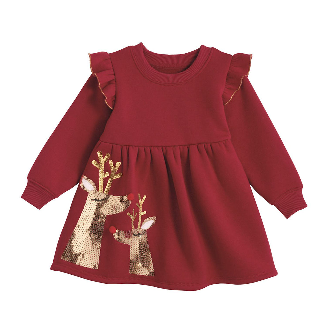 Sequin Reindeer Ruffle Dress: a red long-sleeved sweatshirt dress featuring ruffled shoulders and a sequined reindeer hem. Sizes available.