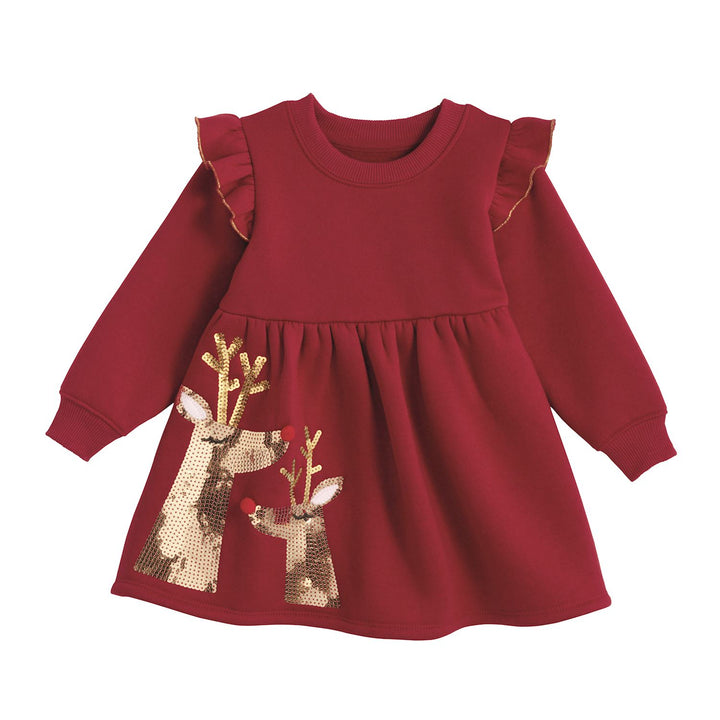 Sequin Reindeer Ruffle Dress: a red long-sleeved sweatshirt dress featuring ruffled shoulders and a sequined reindeer hem. Sizes available.