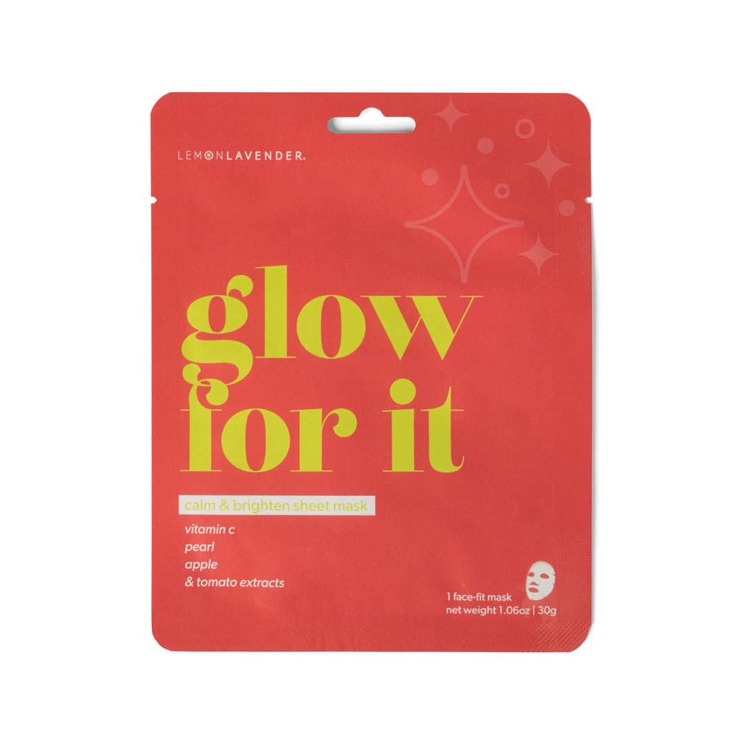 Red Lemon Lavender Sheet Dreams face mask packet, single-use, vitamin C/fruit extracts. "Glow for it" design, 1 mask size.
