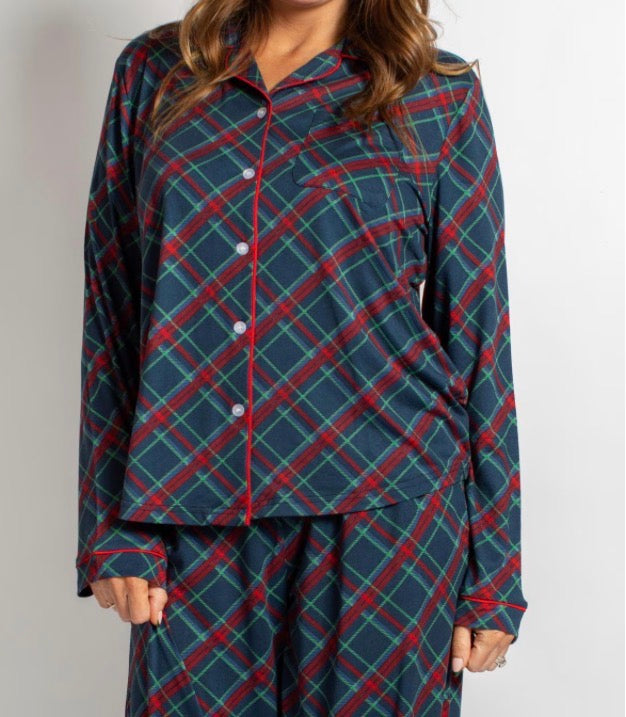 Women’s Layton Plaid Sleep Shirt in navy, red, and green with long sleeves, button-down front, and red piping.