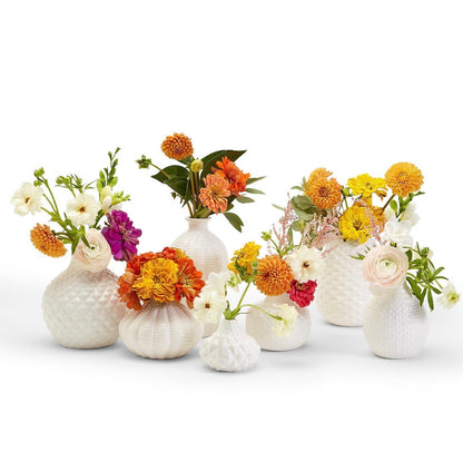 Artisan Carved Vase: small white ceramic, available in multiple sizes.
