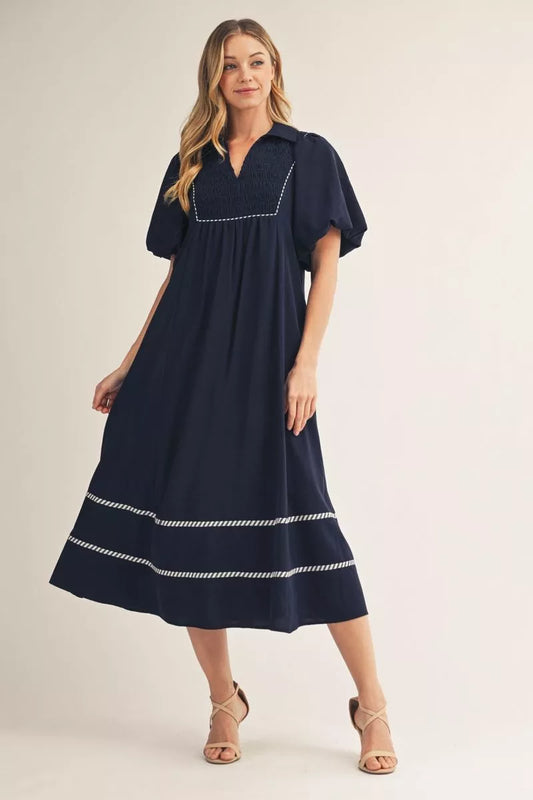 Dark Navy Stripe Contrast Midi Dress