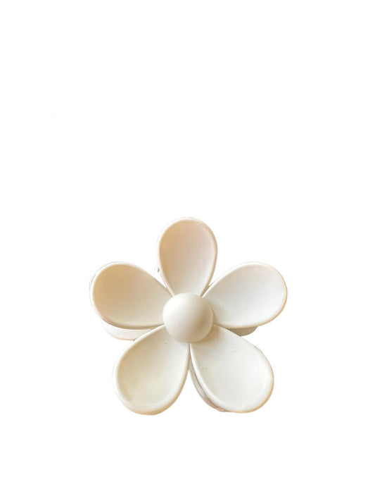 Simple white Flower Hair Clip with six rounded petals and a central spherical hub. Sizes available: One size fits all.