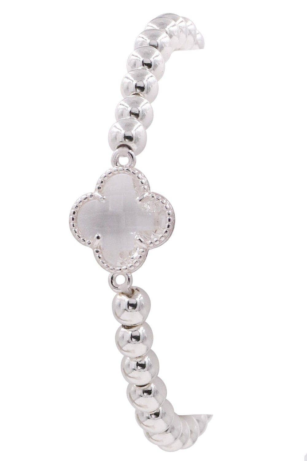 Faceted crystal clover charm bracelet with gold beads and silver-tone finish. Available sizes: S, M, L.