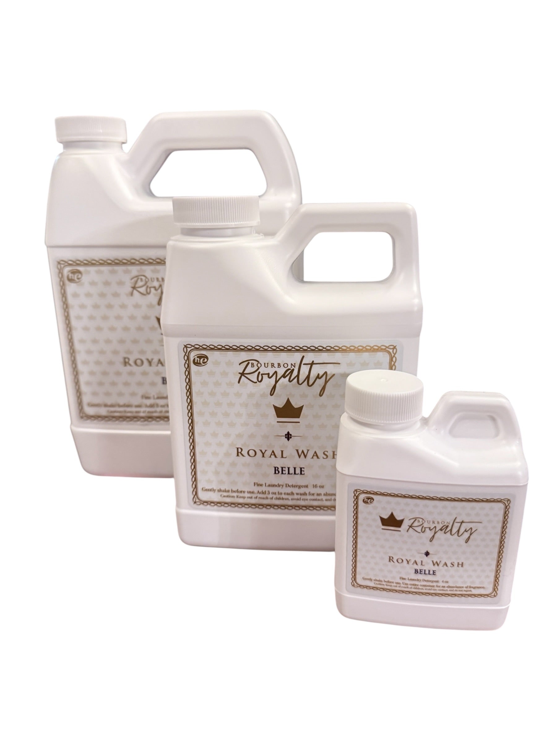 Bourbon Royalty Royal Wash laundry detergent in three sizes with gold crown label; Creole-inspired fragrance.