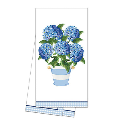 Tea towel with blue hydrangeas in a striped pot, blue gingham border. Available sizes: 18"x28".