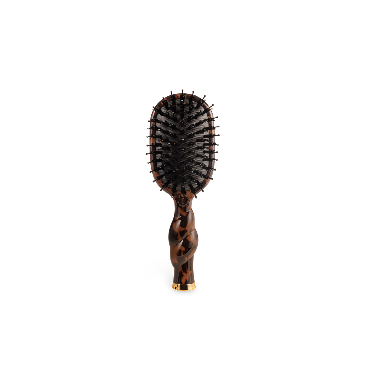 Mini boar bristle brush with brown and black tortoiseshell pattern and gold accent at handle base. Available in mini size.