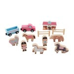 Wood Horse Toy Set: wooden horses, pink truck, blue trailer, barn, fences, farmers, pig, cow, sheep. Sizes: small/large.