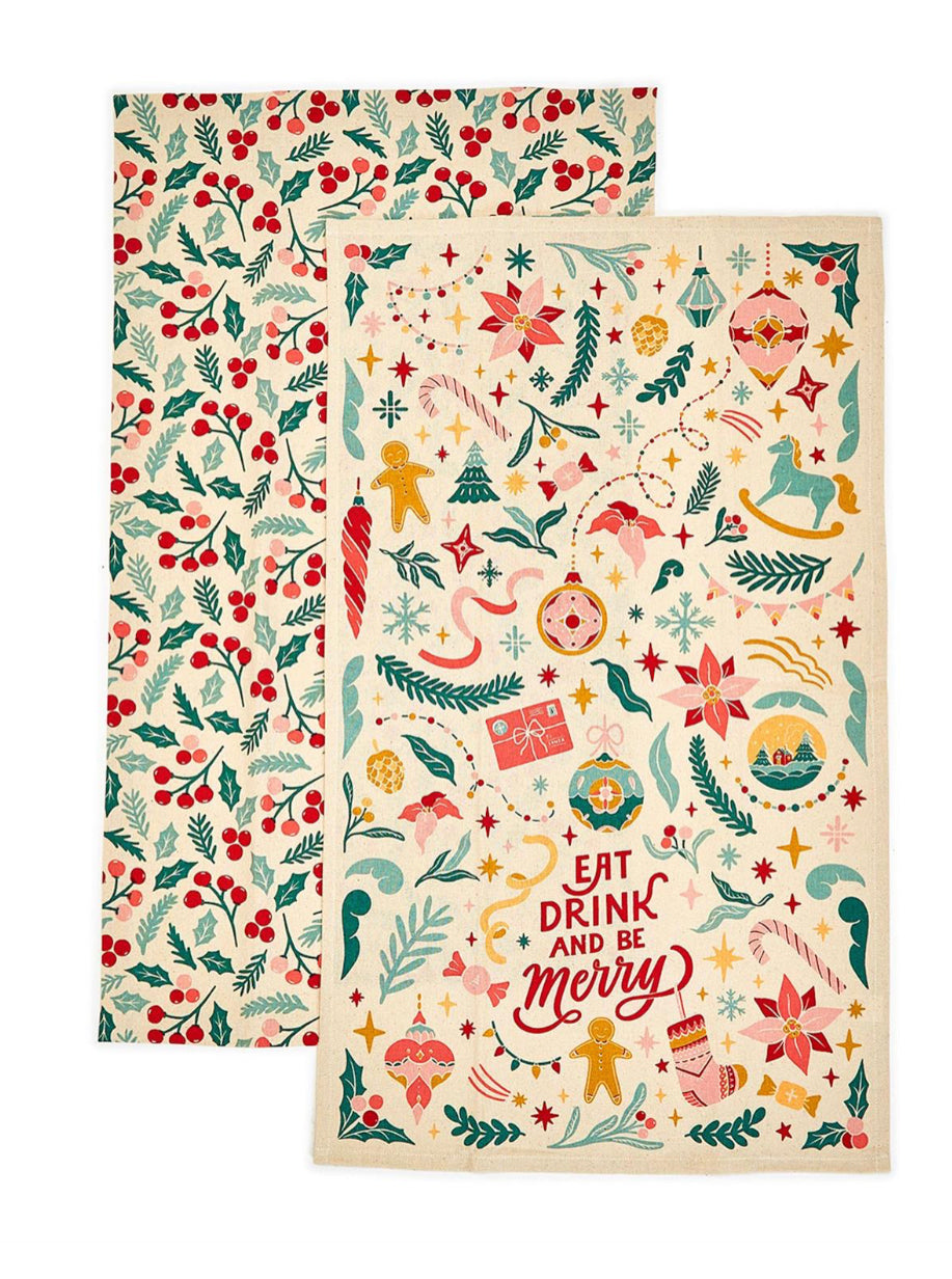 Be Merry Set of 2 Vintage Christmas Dish Towels featuring a repeating holly and berry pattern and Christmas icons with “EAT DRINK AND BE merry” text.
