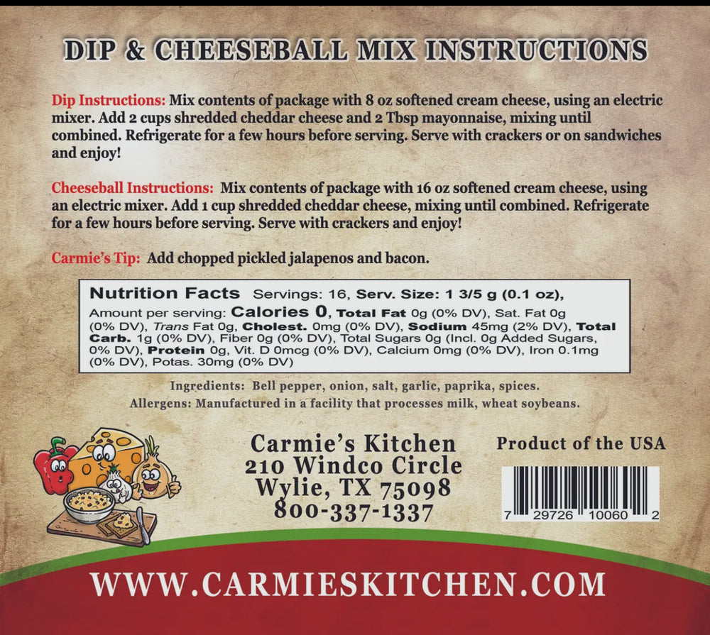 Carmie’s Kitchen Pimento Cheese Dip & Cheeseball Mix with instructions, nutrition, recipes, ingredients, allergens; sizes shown.