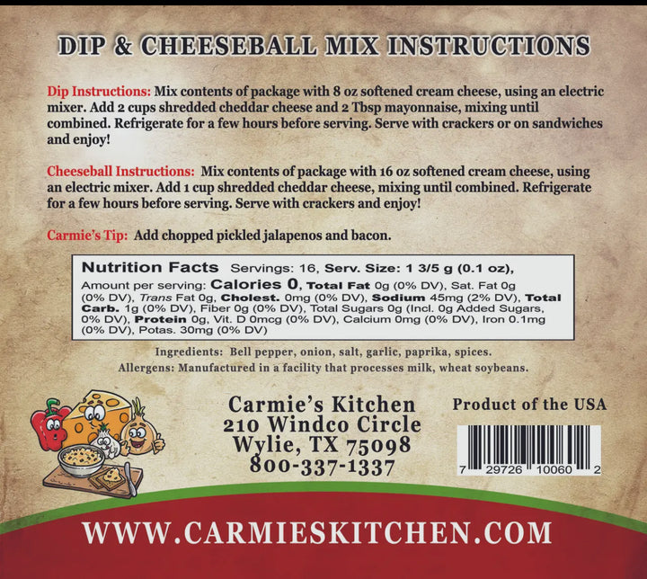 Carmie’s Kitchen Pimento Cheese Dip &amp; Cheeseball Mix with instructions, nutrition, recipes, ingredients, allergens; sizes shown.