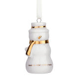 White ceramic “Baby’s First Christmas” snowman ornament with gold trim.