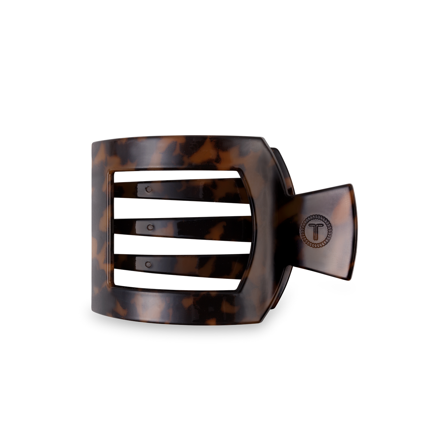 Brown tortoiseshell TELETIES Square Flat Hair Clip with three bars and logo. Available in multiple sizes.