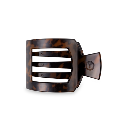 Brown tortoiseshell TELETIES Square Flat Hair Clip with three bars and logo. Available in multiple sizes.