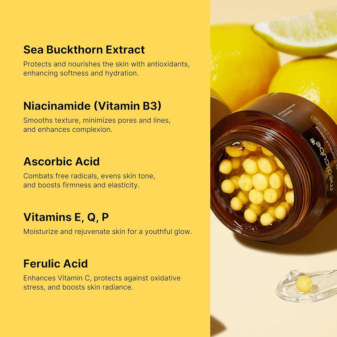 Open MEDICUBE Deep Vita C Capsule Cream jar with yellow capsules. Available sizes: 50ml, 30ml. Key ingredients: Vitamin C, Sea Buckthorn.