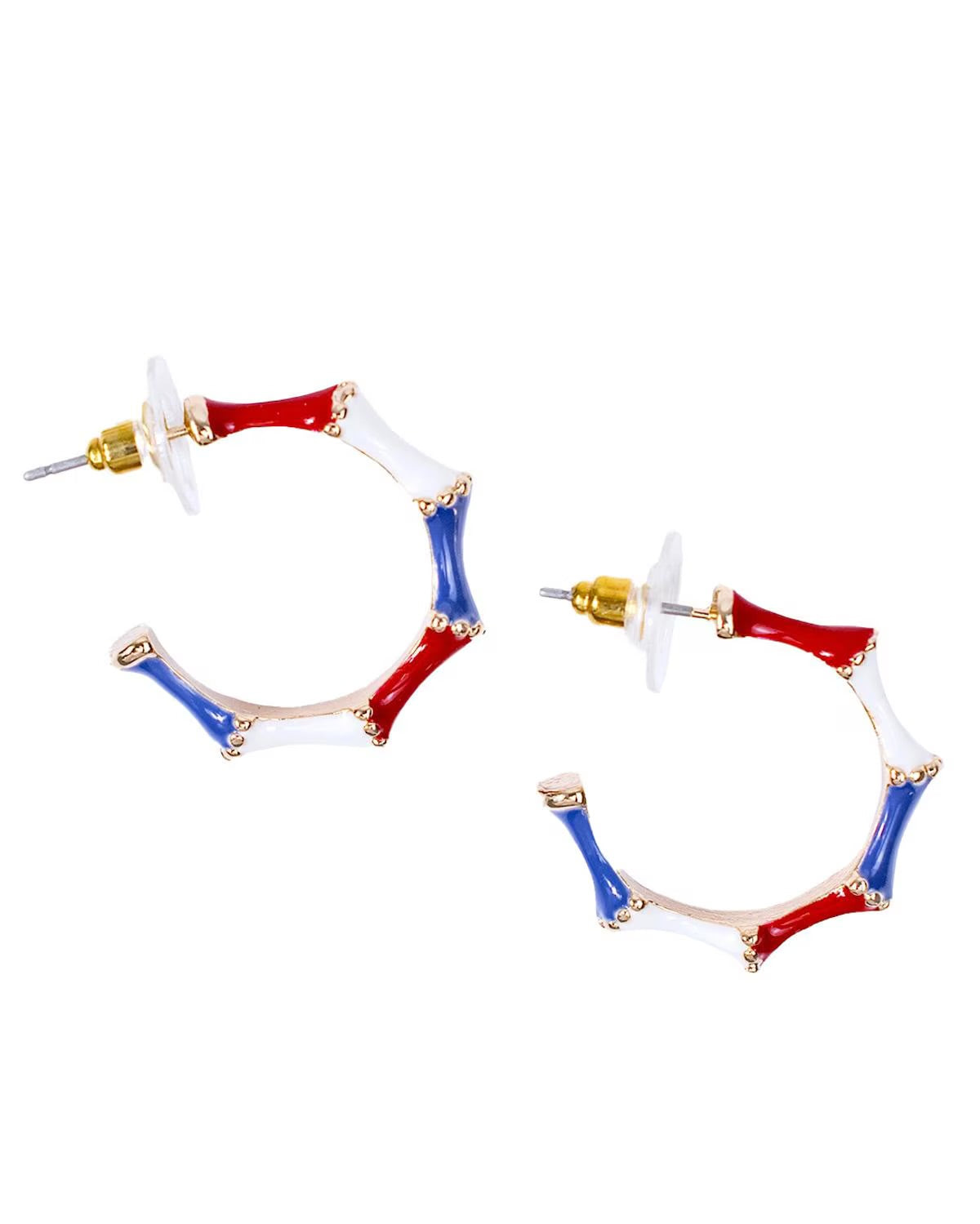 1" bamboo-textured hoop earrings with red, white, and blue enamel, gold-toned accents, clear plastic backings.