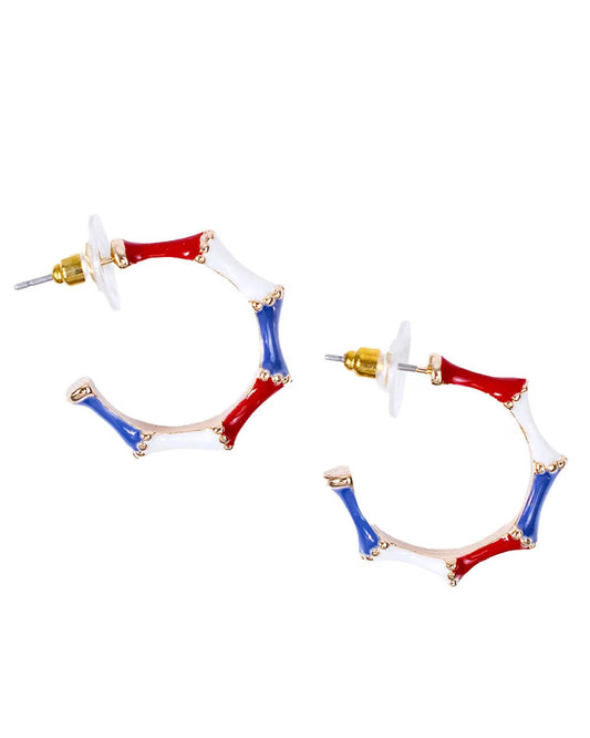 1" bamboo-textured hoop earrings with red, white, and blue enamel, gold-toned accents, clear plastic backings.