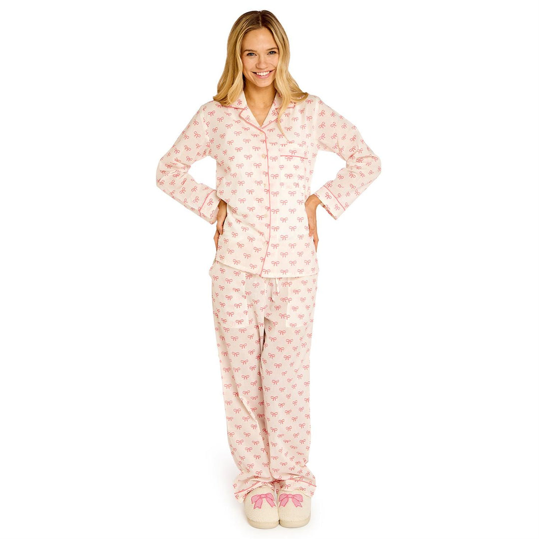 Coquette Bow Print Pink Cotton PJ Set with playful bow print, available in sizes XS-XL.