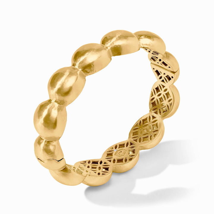 Solara Nova Hinge Bangle: smooth rounded gold segments, lattice interior pattern. Available sizes: small, medium, large.