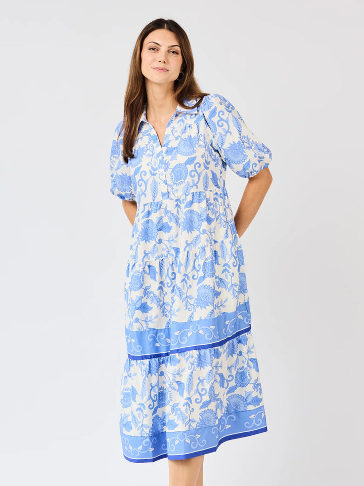 Eloise Porcelain Vines Blue Dress: blue/white floral, collar, puff sleeves, tiered midi skirt. Sizes XS-XL.