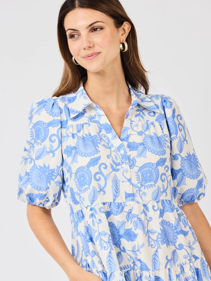 Eloise Porcelain Vines Blue Dress with puff sleeves. Available in sizes XS–XL.
