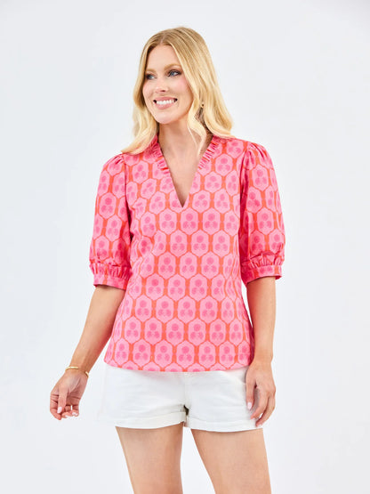 Pink Colette Rosette Charm Top with puff sleeves. Available in sizes XS-XL.