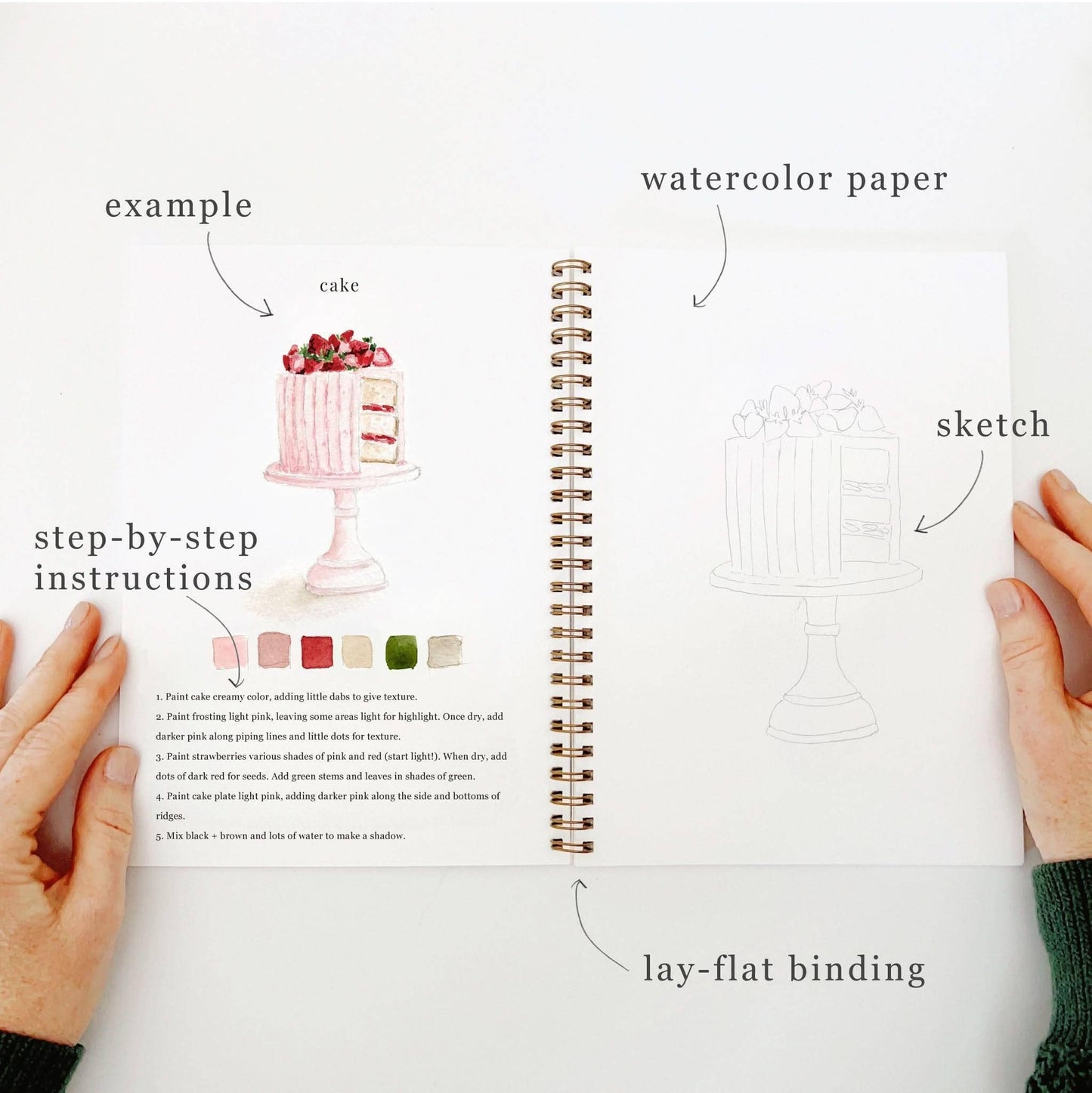 The Baking watercolor workbook features painted cake art, baking illustrations, color swatches, step-by-step instructions, and a faint cake sketch on watercolor paper. Available in multiple sizes.