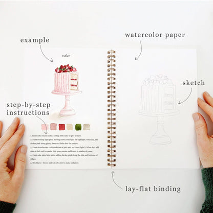 The Baking watercolor workbook features painted cake art, baking illustrations, color swatches, step-by-step instructions, and a faint cake sketch on watercolor paper. Available in multiple sizes.