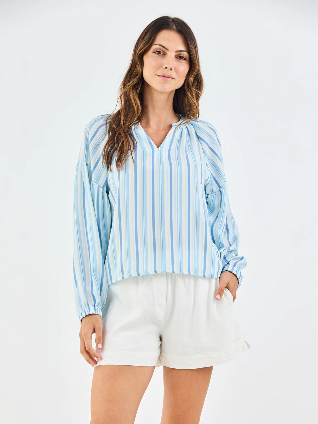 Scarlette Harbor Lines Blue Top: loose, blue-and-white striped V-neck blouse. Available in sizes XS–XL.