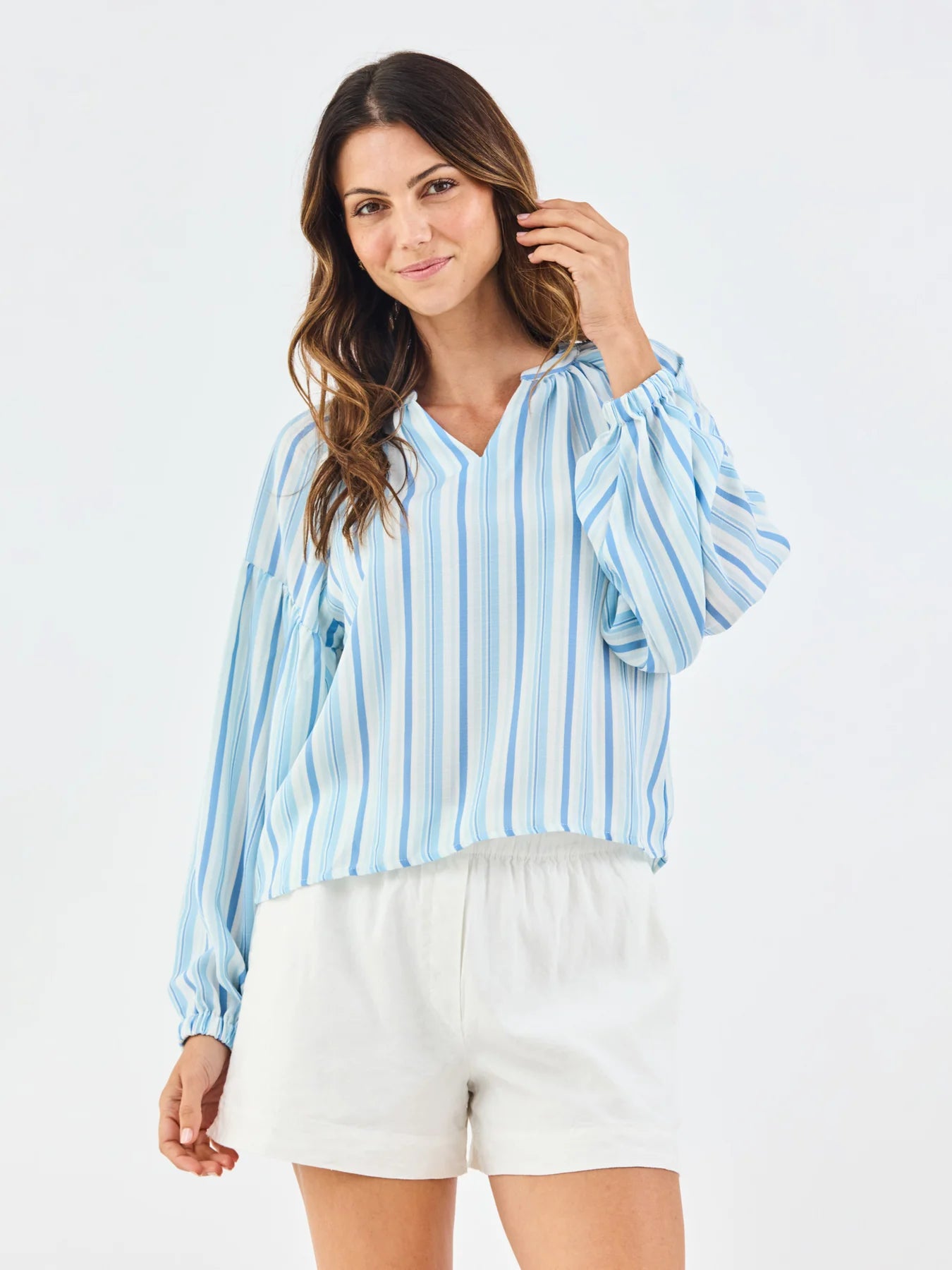 Scarlette Harbor Lines Blue Top: light blue/white stripes, V-neckline, flowy fit. Sizes XS-XL.
