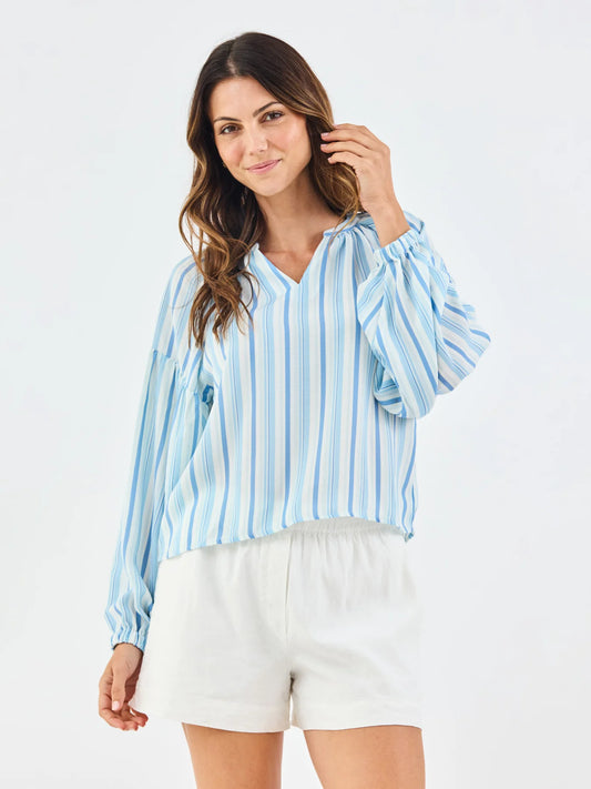 Scarlette Harbor Lines Blue Top: light blue/white stripes, V-neckline, flowy fit. Sizes XS-XL.