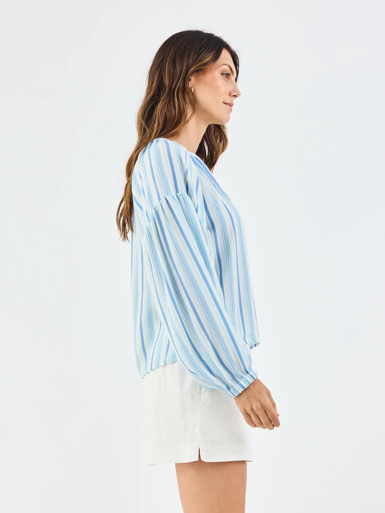 Scarlette Harbor Lines Blue Top: loose, long-sleeved, blue/white striped V-neck blouse. Available in sizes XS-XL.